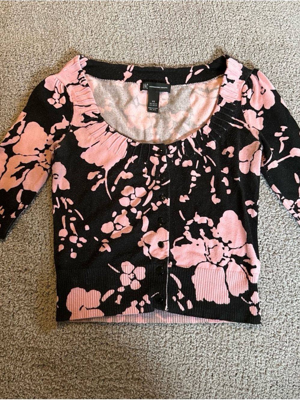 INC International Concepts Black and Pink Floral Cropped Cardigan